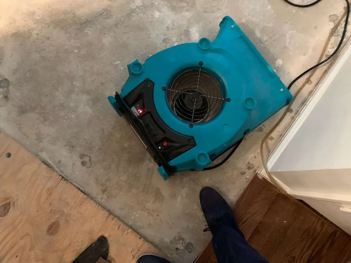Air mover drying subfloor during Commercial Water Damage Restoration in Corsicana